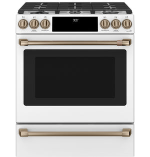 Café Cuisinière bi-combustion 5,7 pi³ encastrable à convection avec commandes à l’avant, friture à air et tiroir-réchaud 30 po blanc mat CC2S900P4MW2