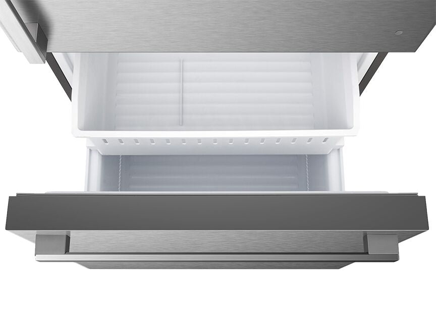 Hisense Fingerprint Resistant Titanium 32" Counter-Depth Bottom Mount Fridge (17 Cu.Ft) - RB17A2CSE freezer open ariel view