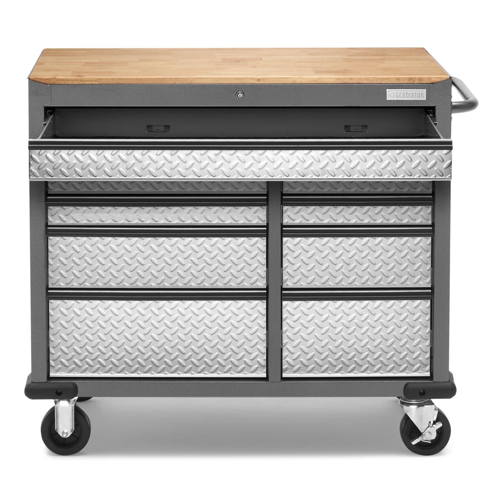Gladiator Silver Tread Premier 41 inch 9-drawer Mobile Tool Workbench with Solid Wood Top - GAMT41HWJG