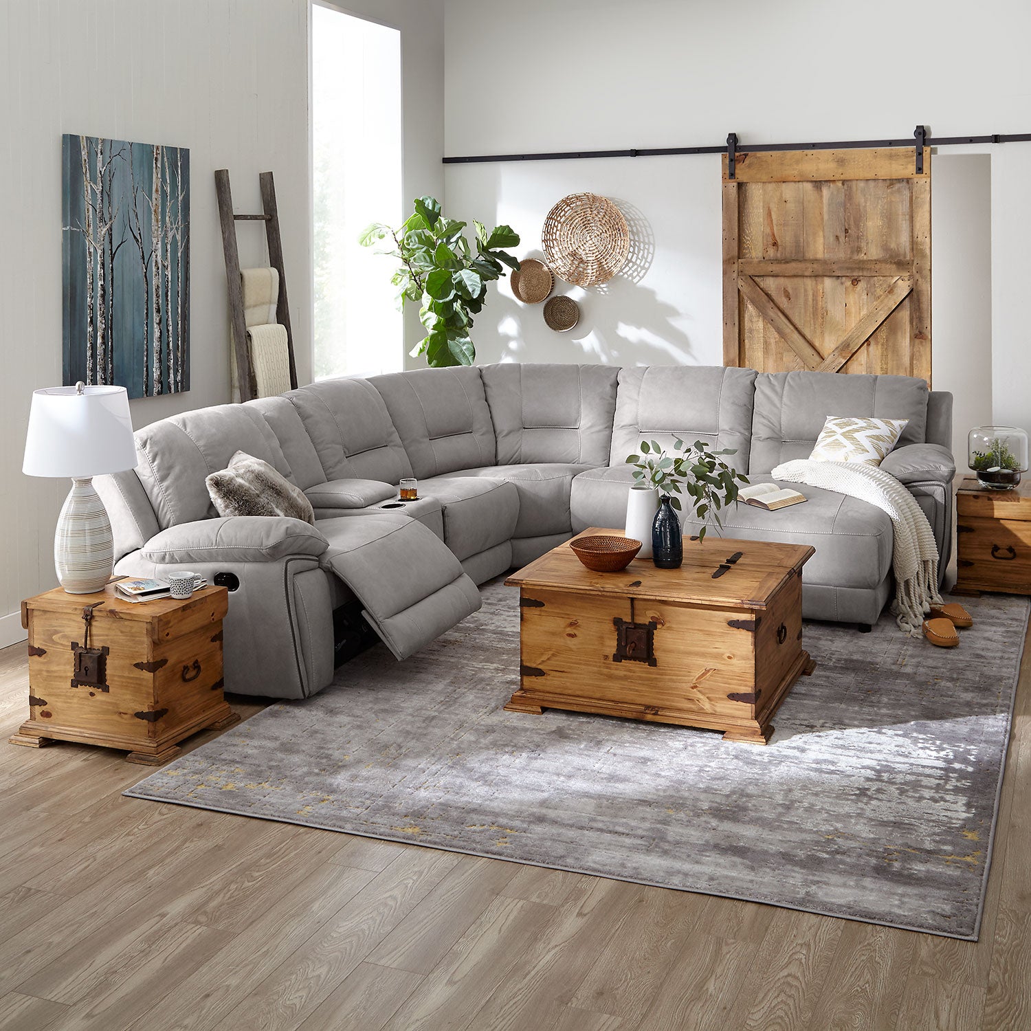 Pasadena 6-Piece Reclining Sectional with Right-Facing Chaise - Light Grey