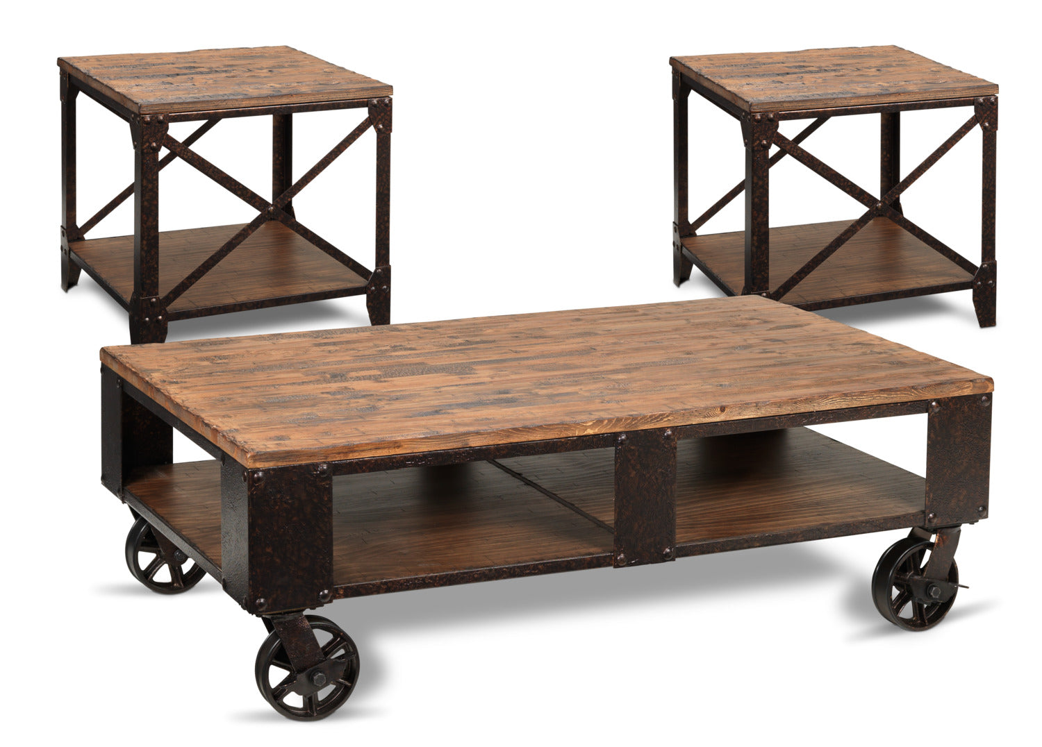 Pinebrook Coffee Table and Two End Tables - Distressed Natural Pine