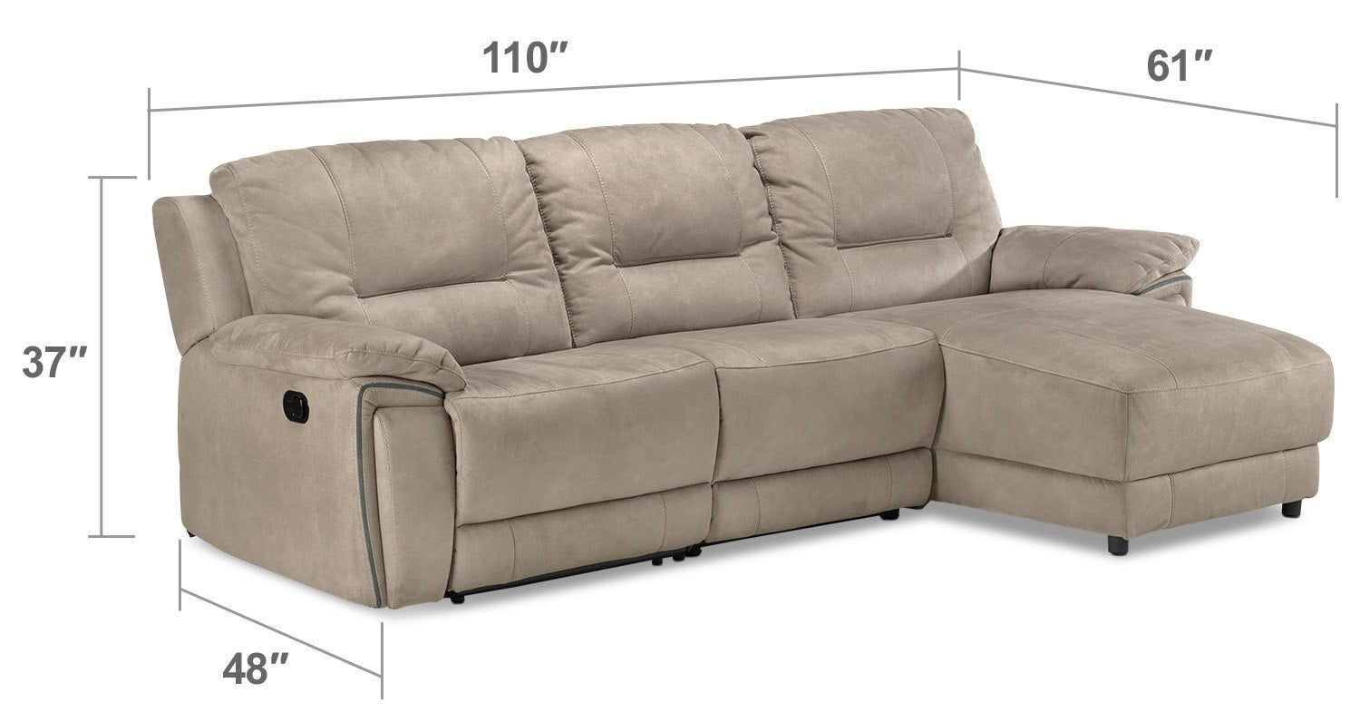 Pasadena 3-Piece Reclining Sofa with Right-Facing Chaise - Light Grey