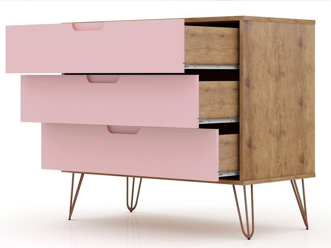 Nuuk 3-Drawer Dresser and Night Table Set - Nature/Rose Pink