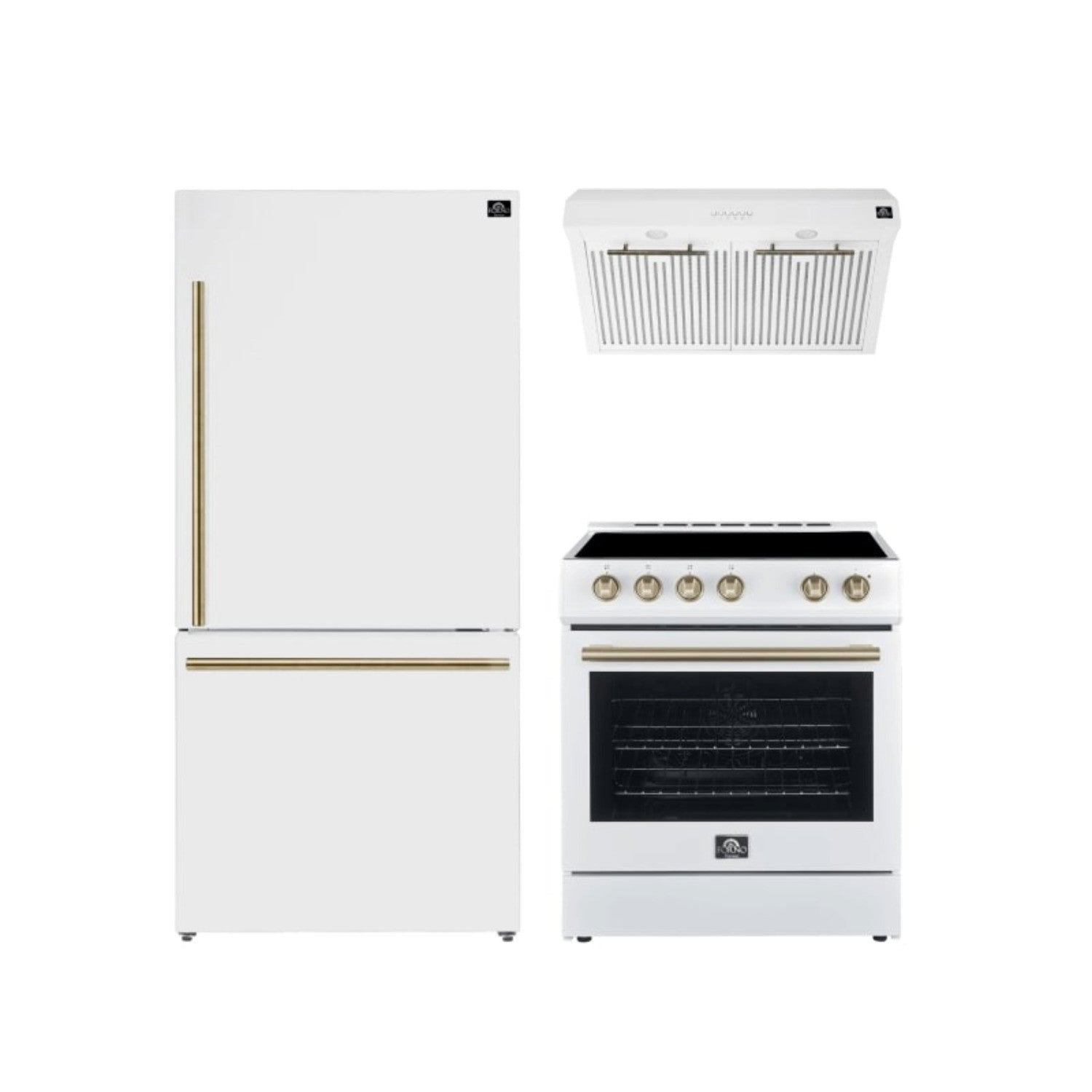 Forno Premium White Kitchen Package with Range, Bottom Freezer Refrigerator and Range Hood - FBDL-001-03CA