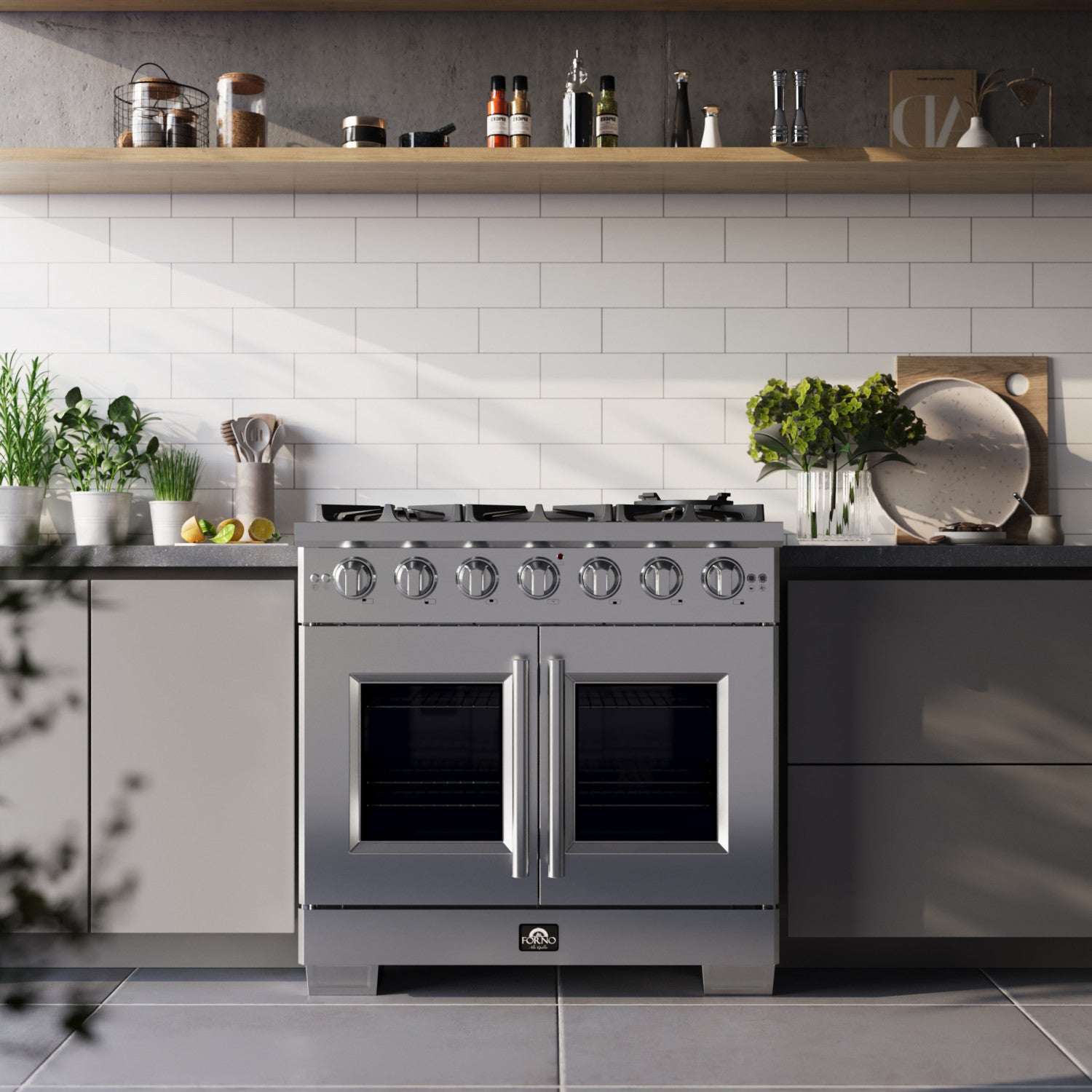 Forno Capriasca 36" Stainless Steel French Door Freestanding Gas Range with Air Fry (5.36 Cu. Ft.) - FFSGS6460-36