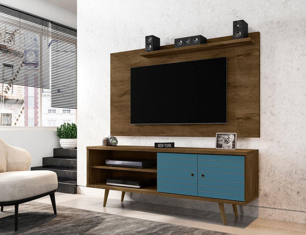Lekedi 63" TV Stand and Panel Set - Rustic Brown/Aqua Blue