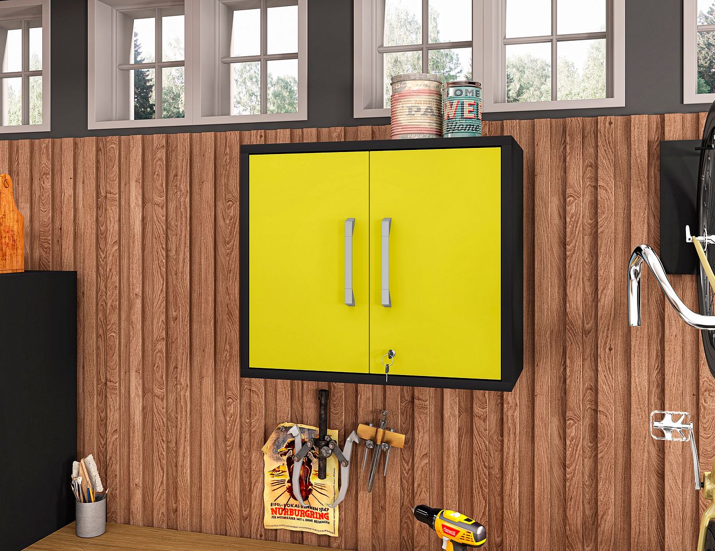 Lunde Floating Garage Storage Cabinet - Yellow Gloss
