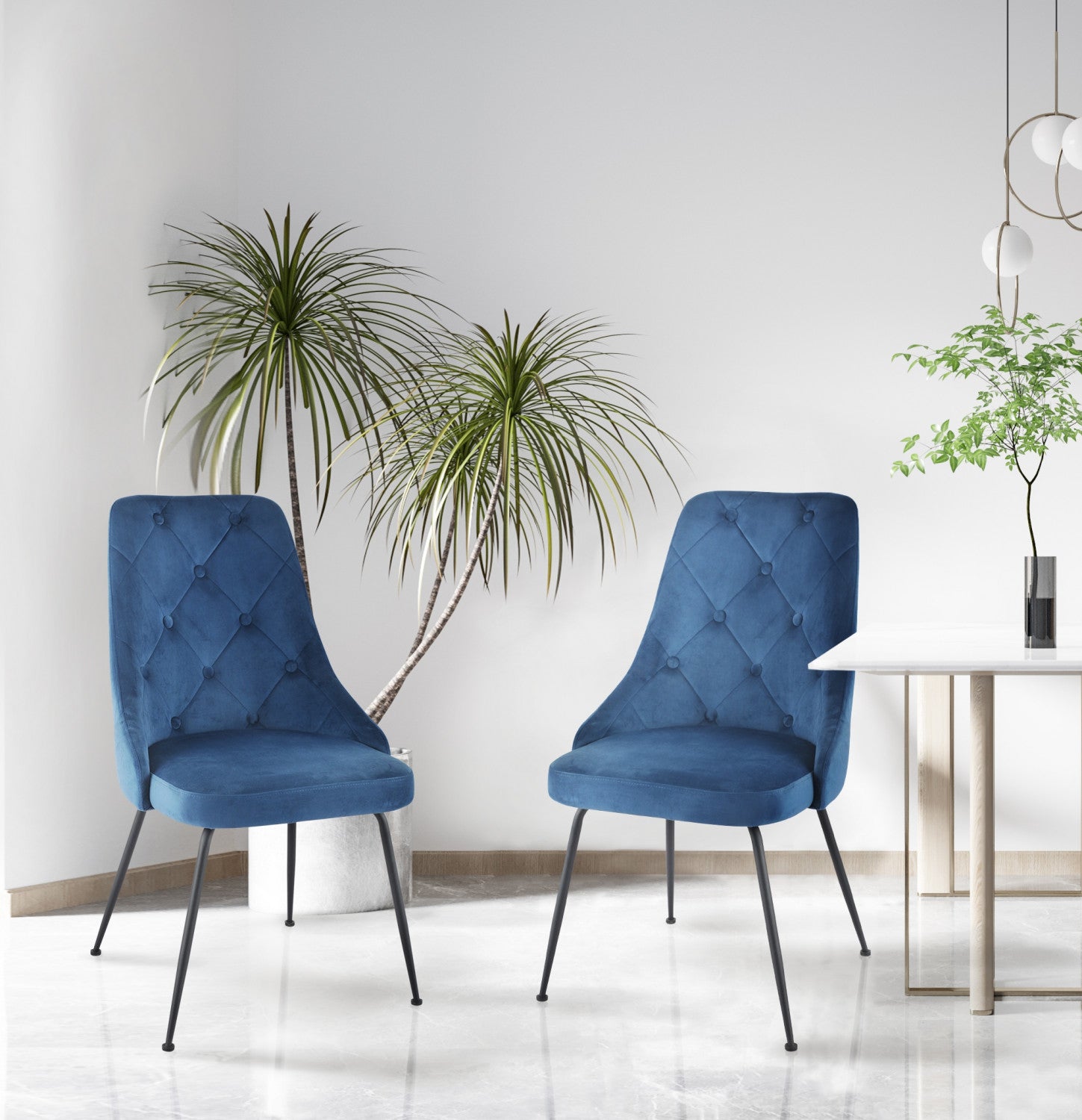 Peacock Velvet Dining Chair - Blue/Black - Set of Two