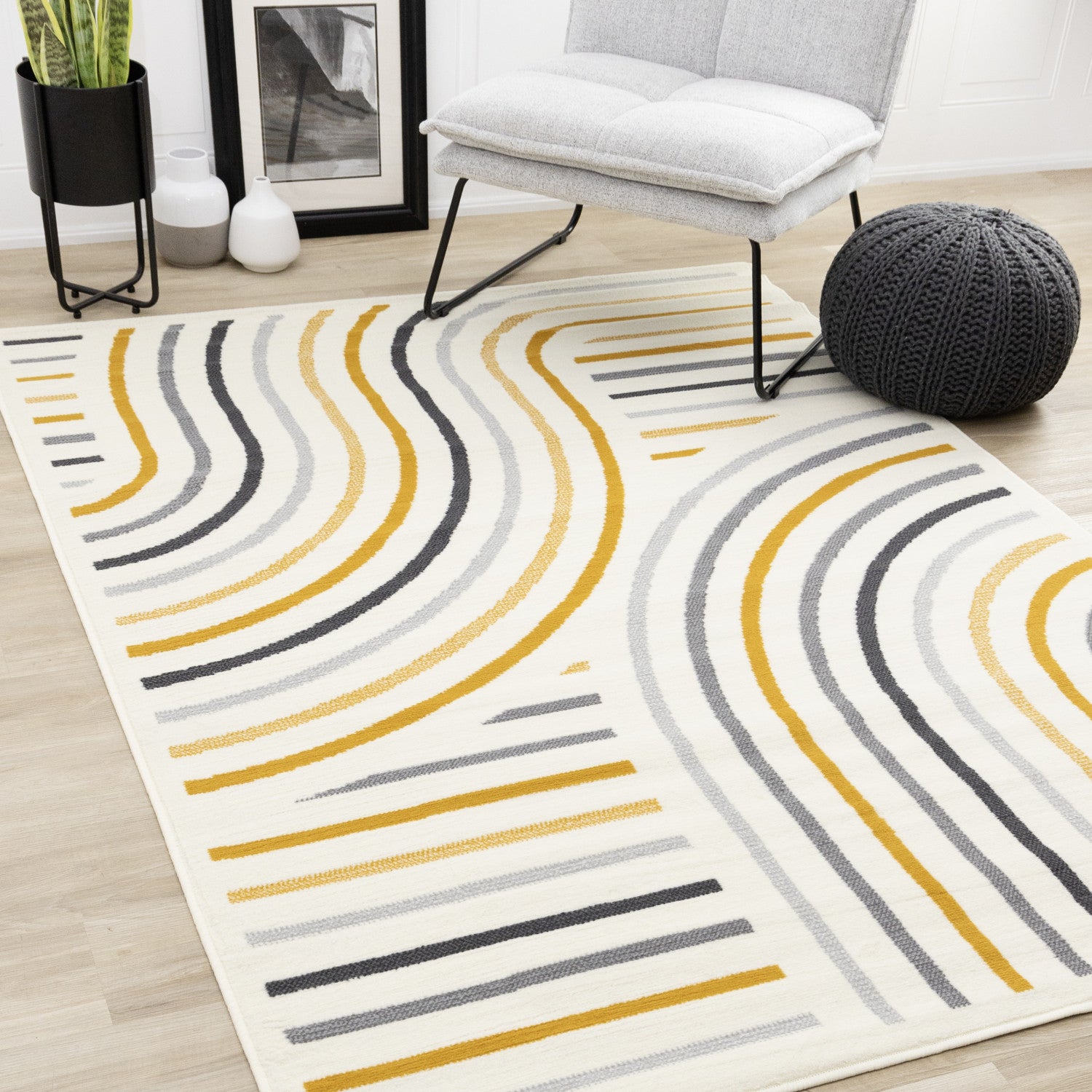 Functional Modern Curves Area Rug - 7' X 10' - Cream/Yellow