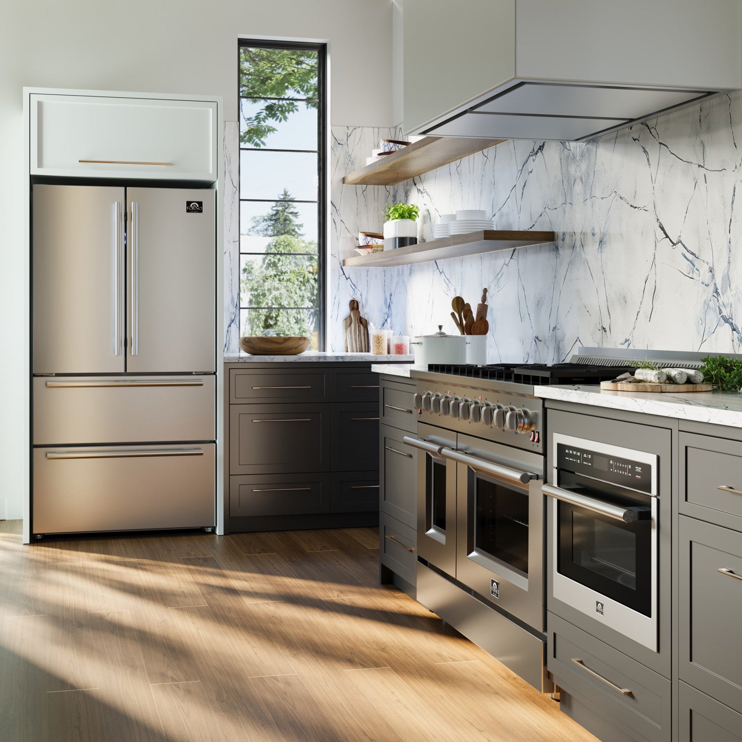 Forno Premium Stainless Steel Kitchen Package with 48" Gas Range, 2 28" Convertible Refrigerator/Freezer and 48" Range Hood - FBDL-018-04CAUS