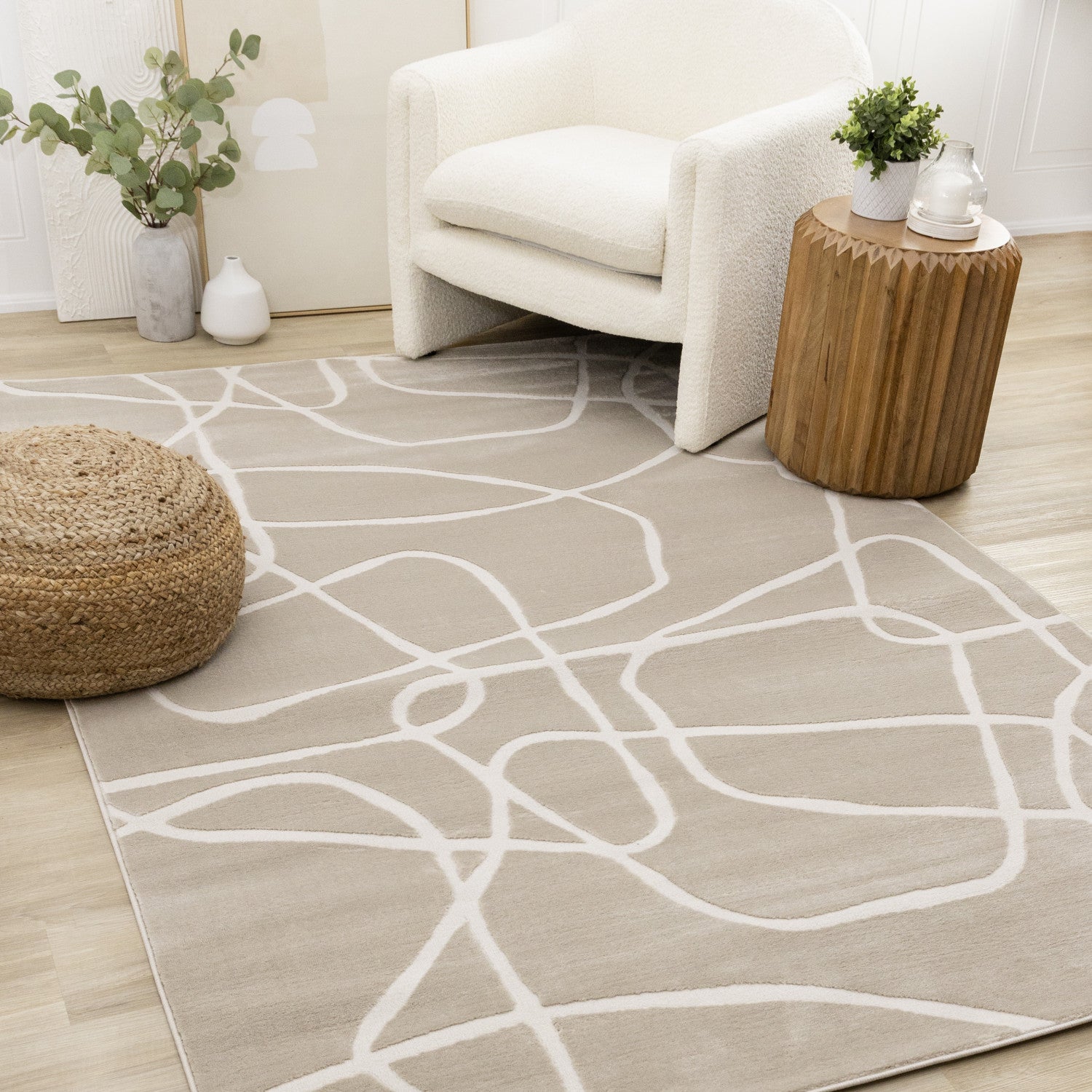 Logan Contemporary Swirls Area Rug - 5' X 8' - Beige/Cream