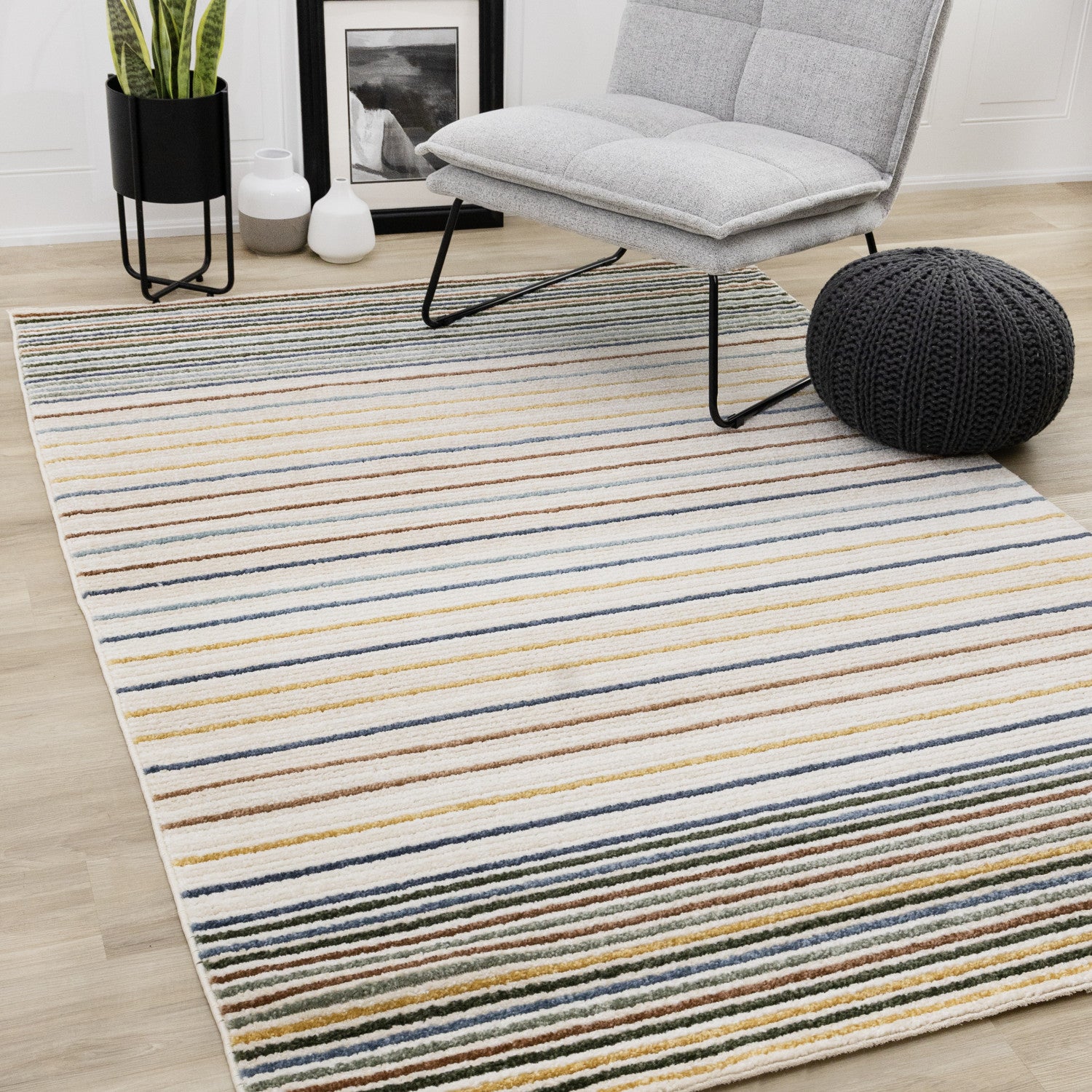 Nora Casual Contemporary Striped Area Rug - 8' X 11' - Cream/Blue/Yellow