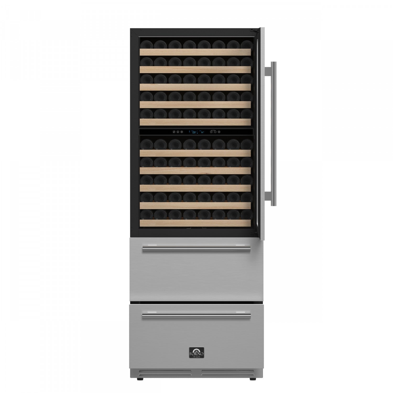 Forno Celano 30" 21.3 Cu.Ft. Stainless Steel 150 Bottle Dual Zone Wine Cellar with Two Beverage Drawers - FWCDR6697-30S