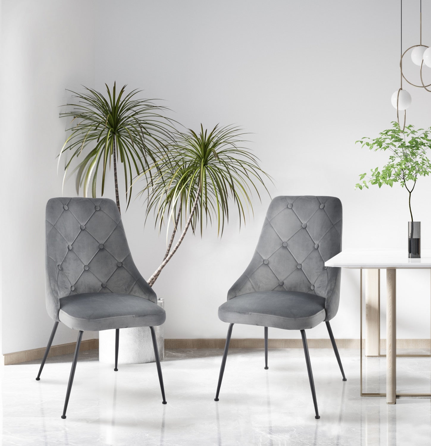 Peacock Velvet Dining Chair - Grey/Black - Set of Two