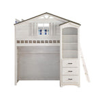 Djalu Twin Tree House Loft Bed with Bookcase - Weathered White