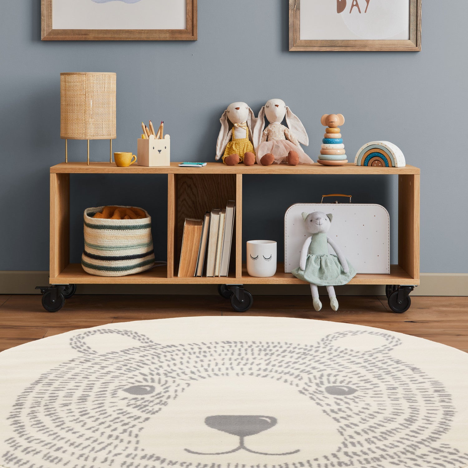 Kids Teddy Bear Area Rug - 5ft Round - Cream/Grey