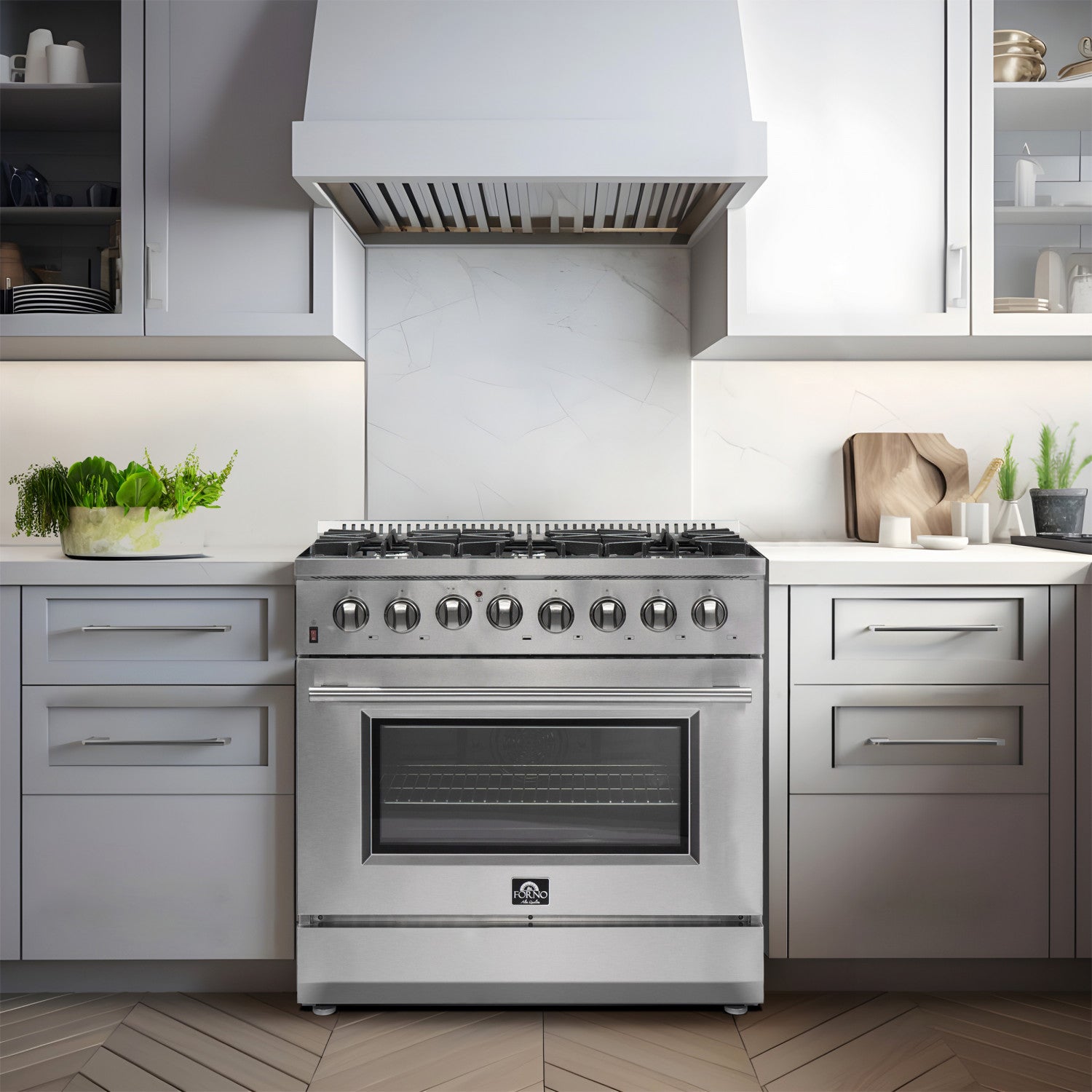 Forno Premium Stainless Steel Kitchen Package with 36" Dual Fuel Range, French Door Refrigerator and Dishwasher - FBDL-004-02CAUS