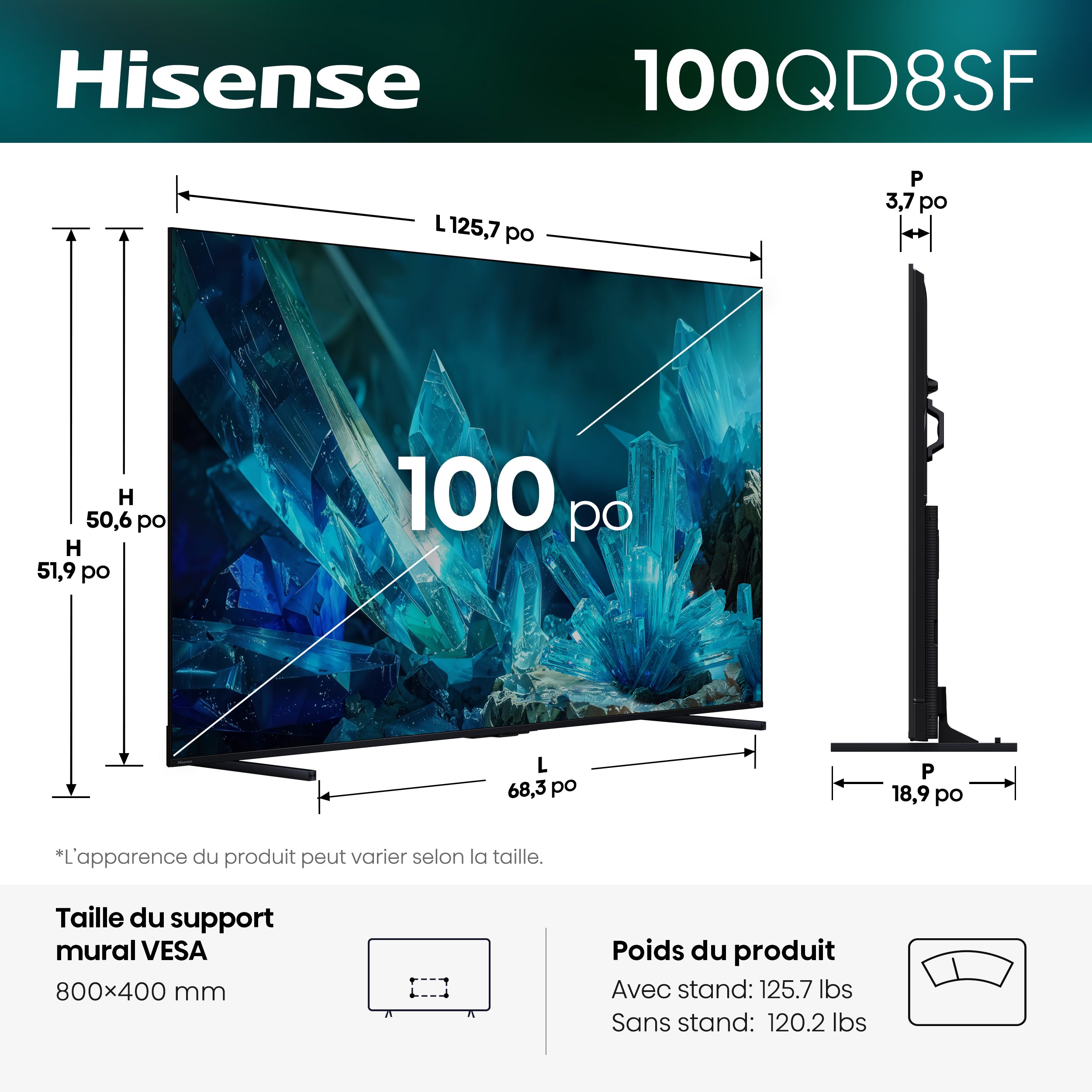 Hisense Téléviseur intelligent 100 po QLED MiniDEL FireTV 144Hz IA 4K – 100QD8SF--