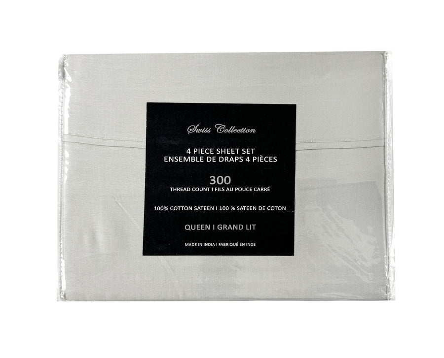 Cotton House 100% Cotton Queen Sheet Set - 300 Thread Count Light Grey