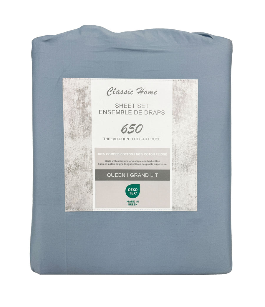 Cotton House 100% Combed Cotton King Sheet Set - 650 Thread Count Blue