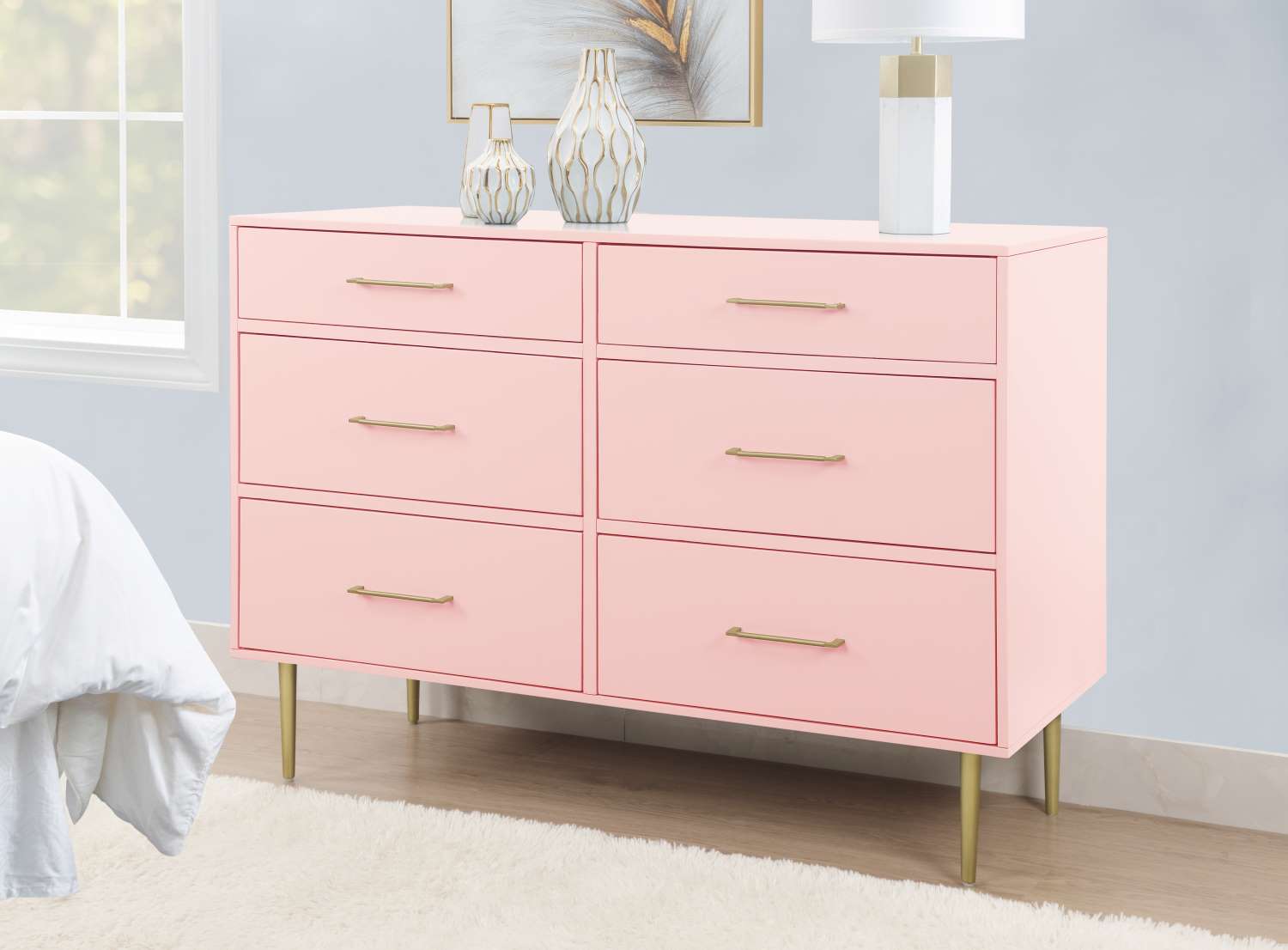 Valerie Glam 6-Drawer Dresser - Light Pink