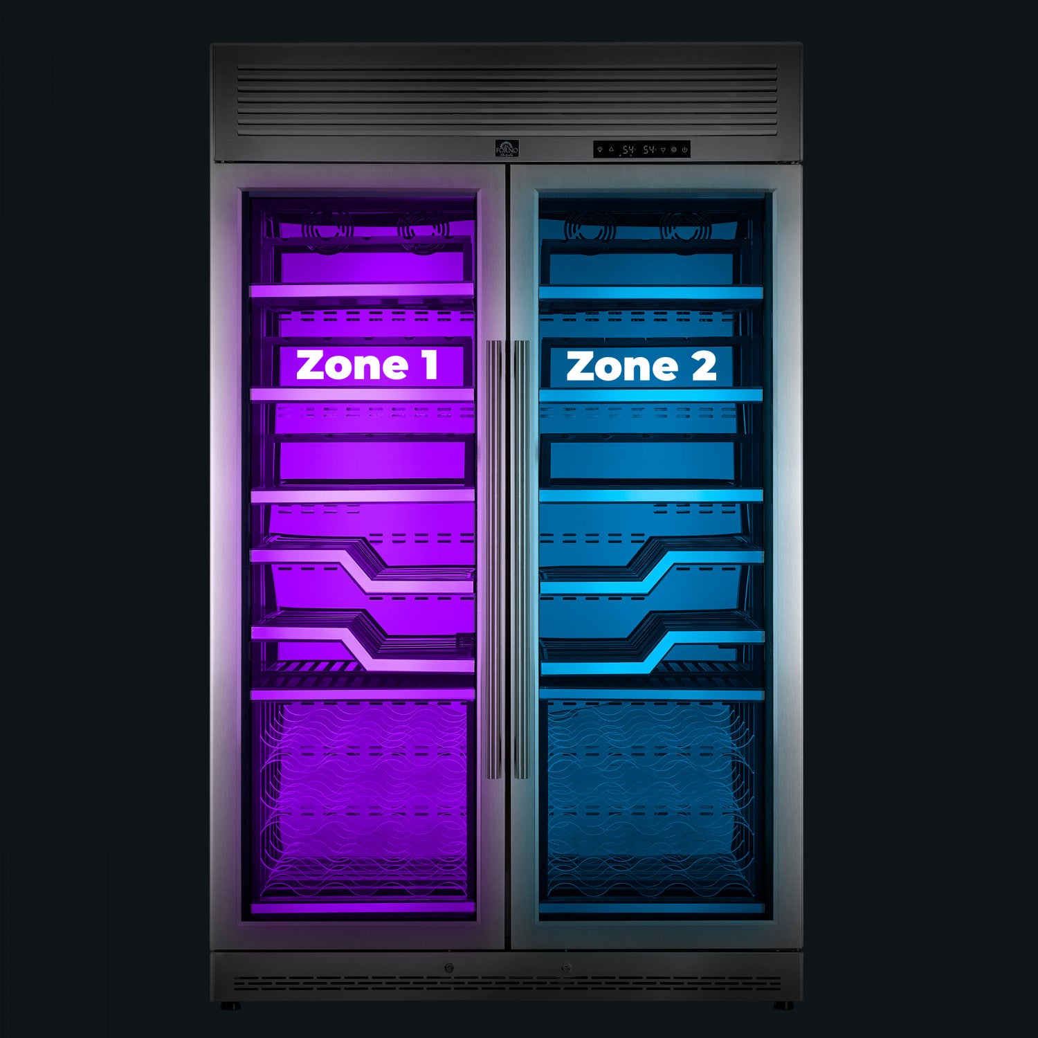 Forno Abruzzo 48" Stainless Steel 102 Bottle Dual Zone Wine Cellar with Clear Holders (24 Cu. Ft.) - FWCDR6611-48S