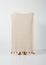 Rustic Charm Cable Knit Decorative Throw with Pom-Poms 50 x 60" - Beige, Rust