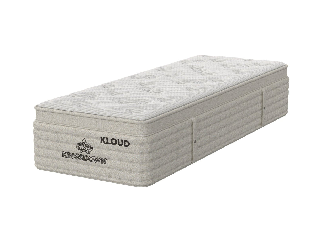 Kingsdown Atmosphere Firm Euro Top 30 x 80 in Queen Split Mattress, angled view with tufted top and light beige side panels