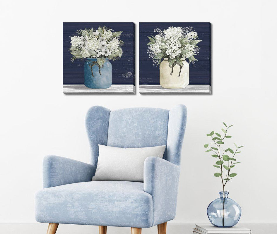 White Flowers in Blue II Wall Art - Blue/White/Green - 18 X 18