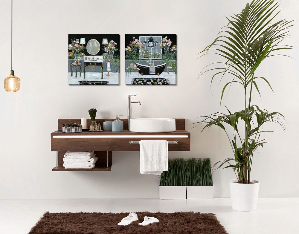 Floral Bath Wall Art - Black/Green - 16 X 16 - Set of 2