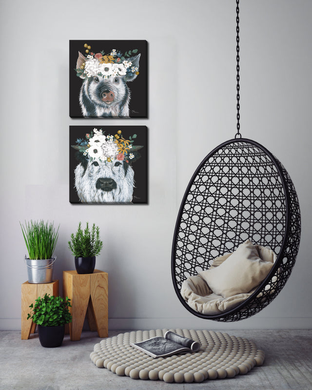 Oink and Moo Wall Art - White/Black - 16 X 16 - Set of 2