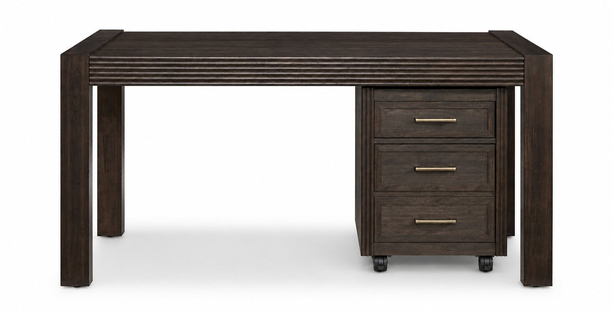 Modern Edge 60" Desk and Filing Cabinet Set - Dark Grey front view with wide desktop, ribbed detailing and matching three-drawer filing cabinet on casters