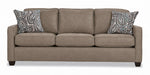 City Leather Sofa - Stone front view with three cushioned seats and backs, slim track arms, dark wood legs and two patterned accent pillows