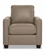 City Leather Chair - Stone front view with a padded back cushion, piped seat cushion, slim track arms and dark wood legs
