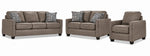 City Leather Sofa, Loveseat and Chair Set - Stone with matching leather seating, patterned accent pillows and dark wood legs