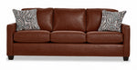 City Leather Sofa - Brown front view with three cushioned seats and backs, slim track arms, dark wood legs and two patterned accent pillows