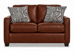 City Leather Loveseat - Brown front view with two seat and back cushions, slim track arms, dark wood legs and two patterned accent pillows
