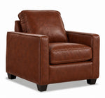 City Leather Chair - Brown in a three-quarter view with a padded back and seat cushion, track arms and dark wood legs