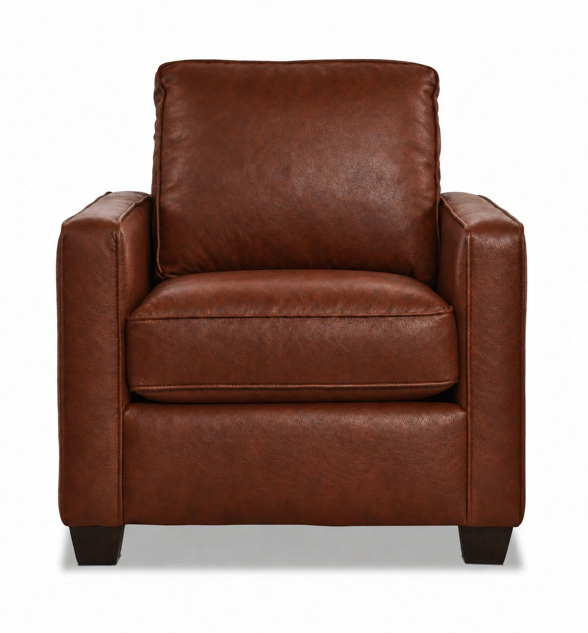 City Leather Chair - Brown front view with a padded back cushion, piped seat cushion, slim track arms and dark wood legs