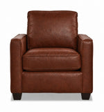 City Leather Chair - Brown front view with a padded back cushion, piped seat cushion, slim track arms and dark wood legs
