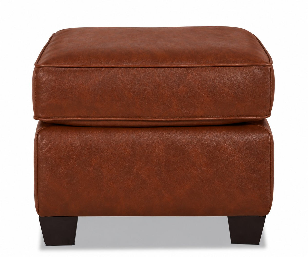 City Leather Ottoman - Brown front view with a padded leather cushion, piped edges and dark wood legs