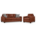 City Leather Sofa and Chair Set - Brown with matching leather seating, patterned accent pillows and dark wood legs