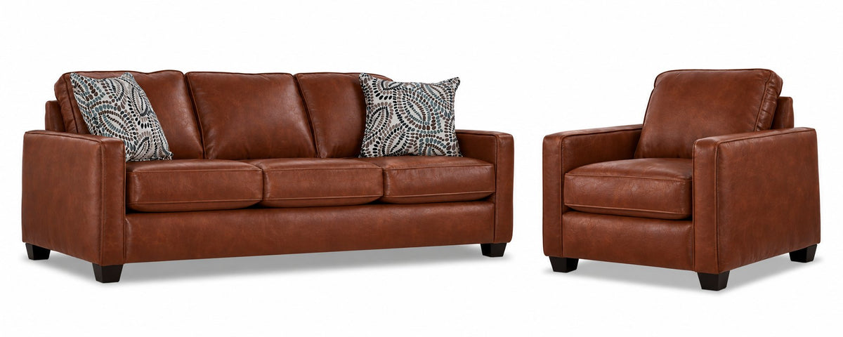 City Leather Sofa and Chair Set - Brown with matching leather seating, patterned accent pillows and dark wood legs