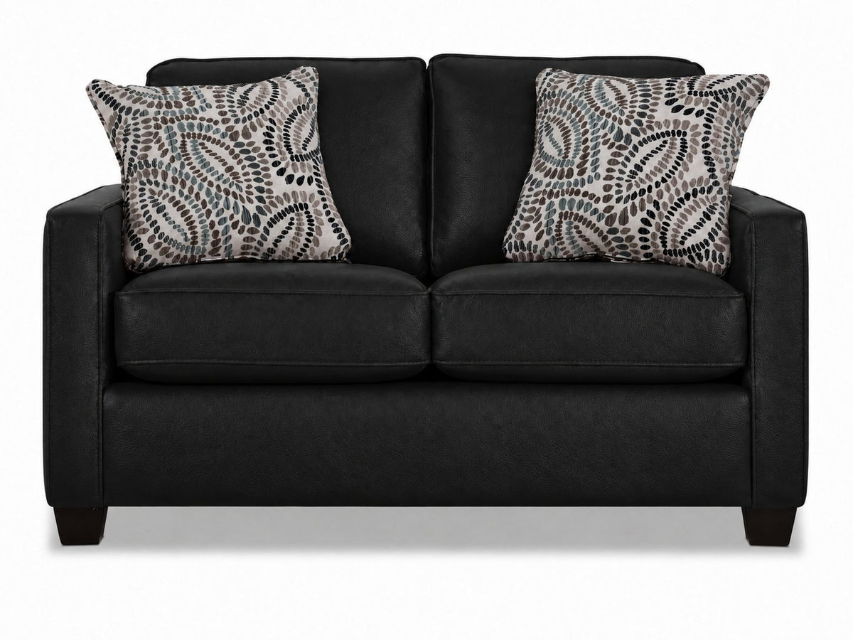 City Leather Loveseat - Black front view with two seat and back cushions, slim track arms, dark wood legs and two patterned accent pillows