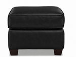 City Leather Ottoman - Black front view with a padded leather cushion, piped edges and dark wood legs