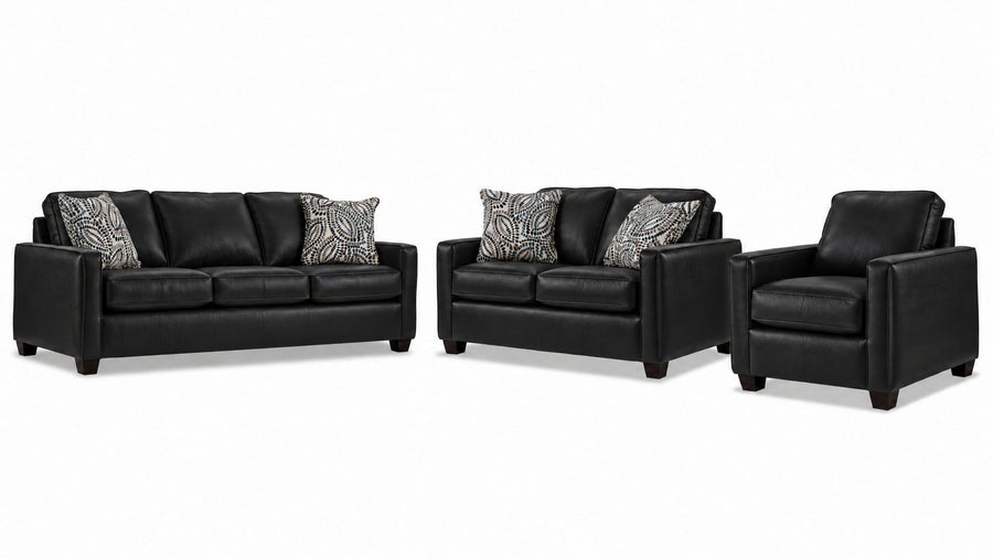 City Leather Sofa, Loveseat and Chair Set - Black with matching leather seating, patterned accent pillows and dark wood legs