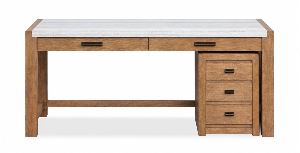 Plum Creek 60" Marble Top Writing Desk and Filing Cabinet Set - Sierra Brown front view with white marble top, two desk drawers, three-drawer cabinet and dark metal pulls