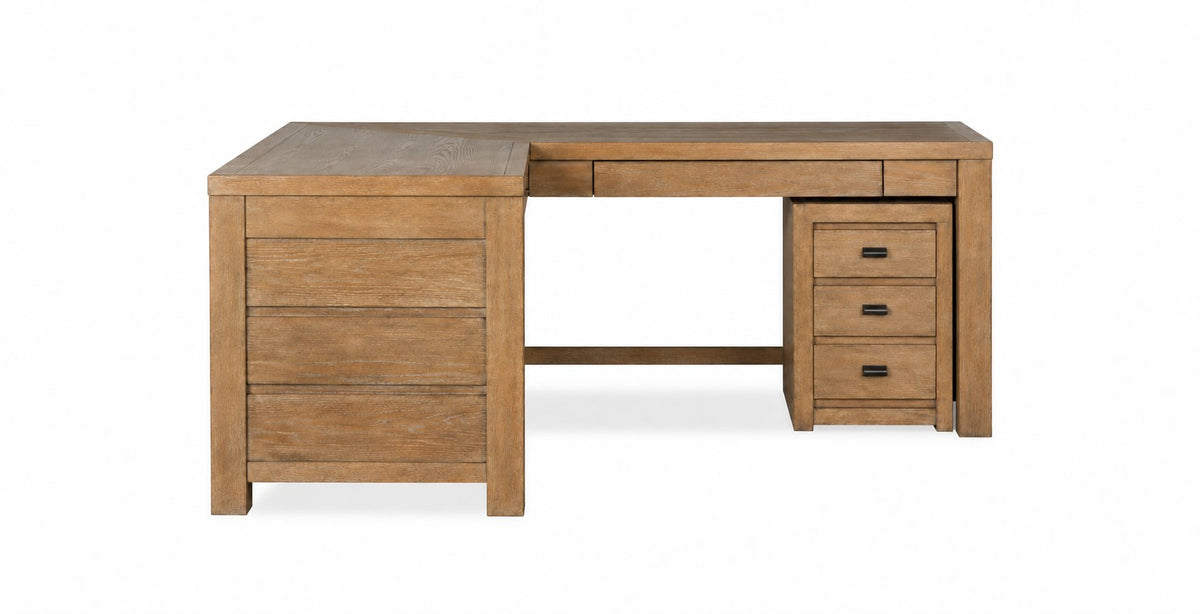 Plum Creek 70" Corner Desk and Filing Cabinet Set - Sierra Brown front view with L-shaped wood desktop, integrated storage, three-drawer filing cabinet and dark metal pulls