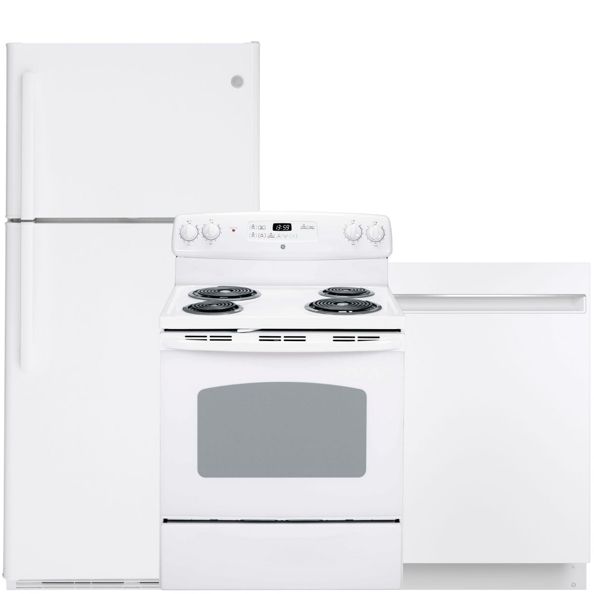 GE White Kitchen Package with Top-Freezer Refrigerator, Electric Range & Built-In Dishwasher