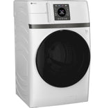 GE Profile 5.3 cu. ft. UltraFast washer dryer combo in white, shown from a left three-quarter angle with black front-loading door